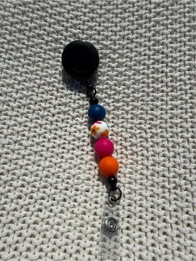 Beaded Badge Reel - Multicolor Floral & Navy